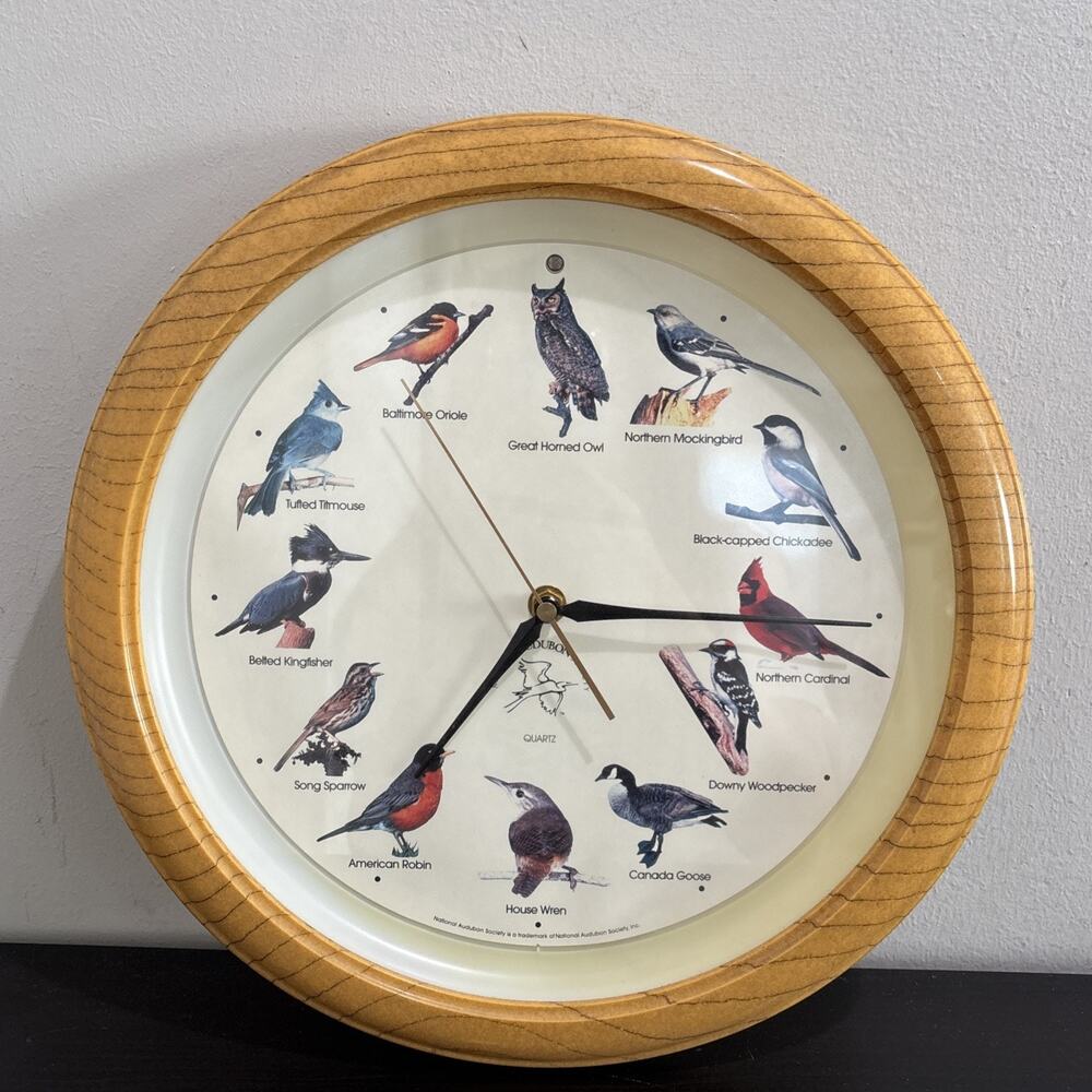 National Audubon Society Bird Clock 13" Oak Frame Tested Working **READ DES